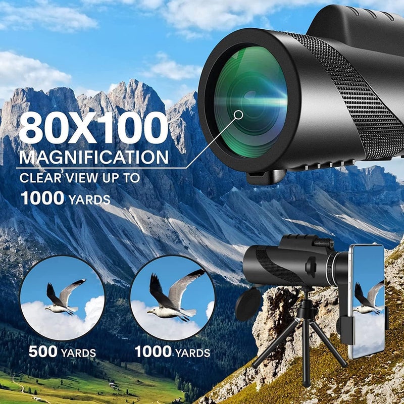 KTBDING Monocular-Telescope 80x100 High Powered Monoculars High Definition for Adults High Powered with Smartphone Adapter Telescope Hunting Wildlife Bird Watching Travel Camping Hiking-Black - Image 4
